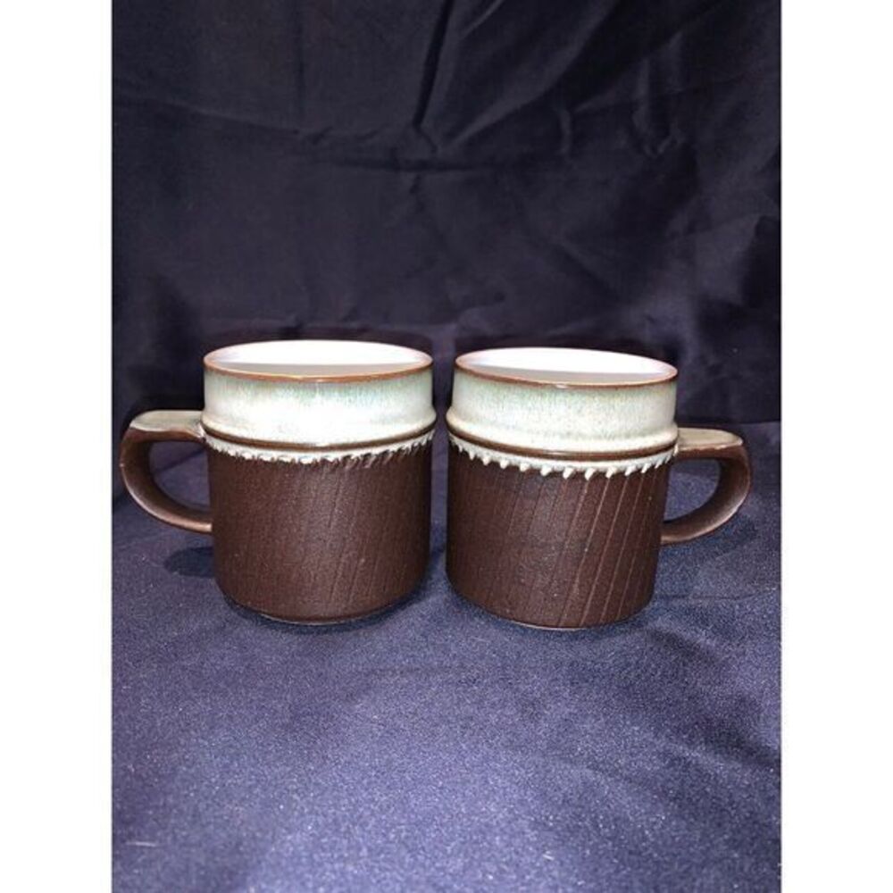 2 Vintage Denby England Mug Cup Rustic Stoneware Brown Green Blue